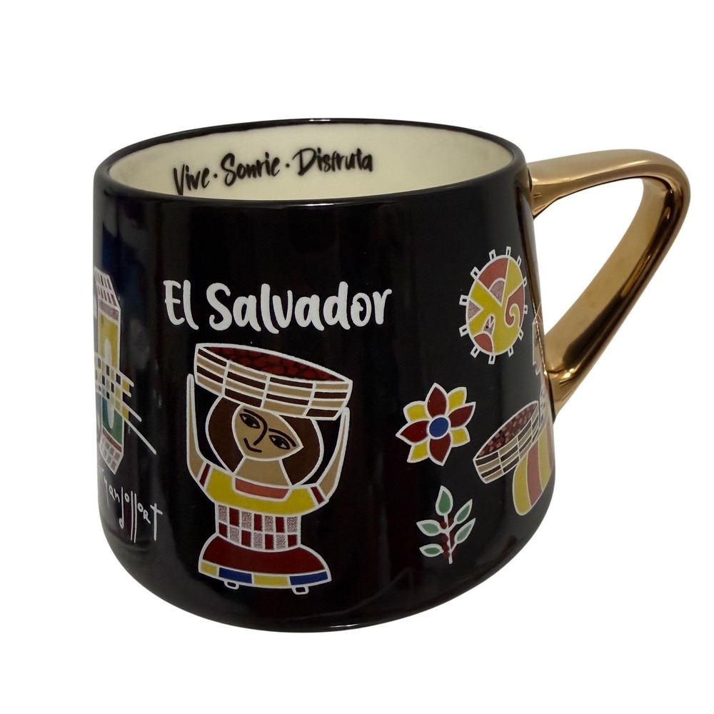 El Salvador Coffee Mug Black Gold Handle Folk Art Artisan Vive Sonrie‎ Disfruta